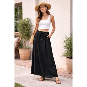 Vintage Studio Black Linen Blend Maxi Skirt Drawstring Waist Pockets Size L